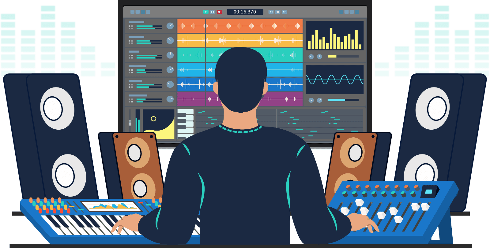 An illustration of someone working on audio projects, using a computer and audio hardware.