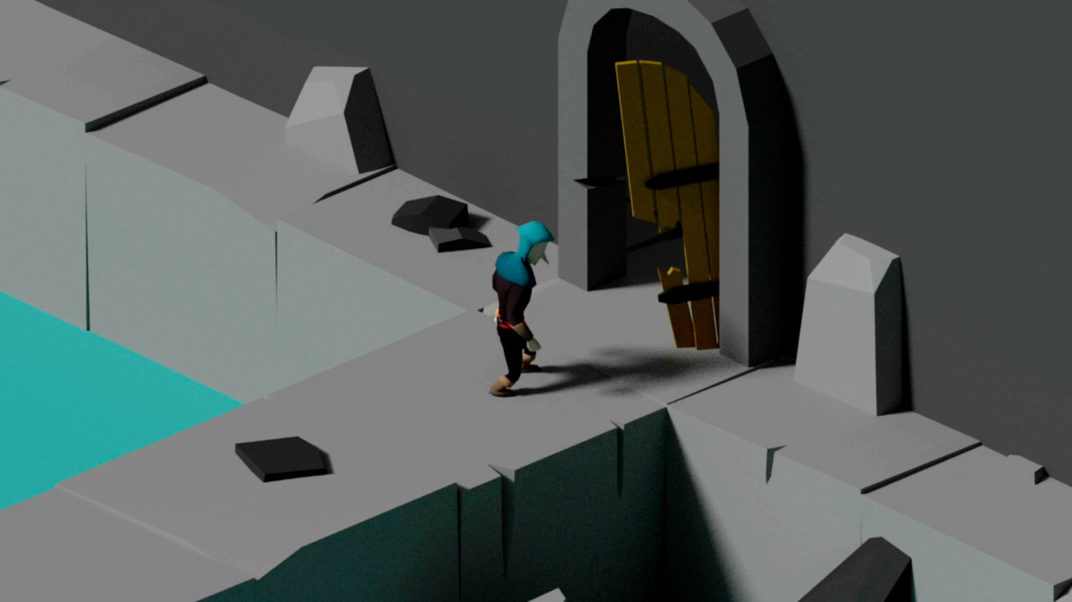 Thief's Soul protagonist reaching a door inside a ruined temple.
